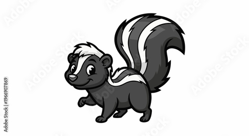 A cute cartoon skunk with black and white stripes is smiling