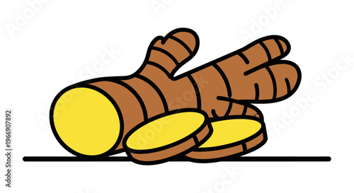 Stylized brown ginger root with yellow slices a white background simple spice food