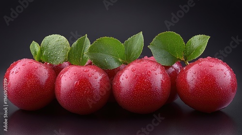 Fresh and vibrant red plums adorned with water droplets and green leaves against dark background