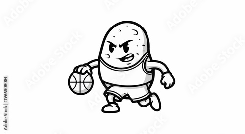 Cartoon potato dribbling a basketball, wearing a jersey and shorts