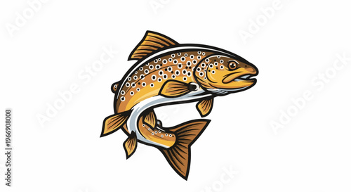 Cartoon brown trout fish jumping from water with detailed scales