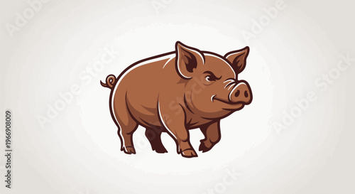 Cartoon brown pig with curly tail, walking