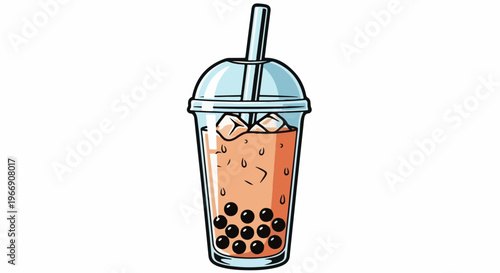 Cartoon bubble tea drink with ice cubes and tapioca pearls in cup