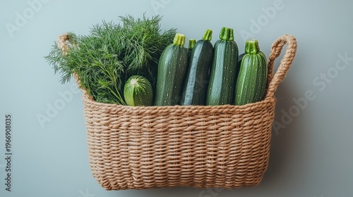 Fresh zucchini harvest and aromatic dill in a rustic wicker basket perfect for farm-to-table cooking
