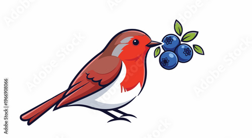 Cartoon robin bird holding a bunch of blueberries in its beak