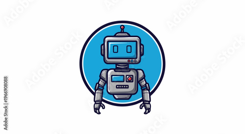 Cartoon robot head with antenna and circular blue background