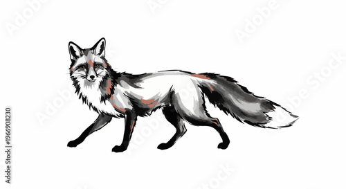 Artistic rendering of a fox with black, white, and reddish-brown fur, walking