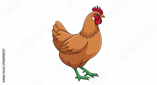 Cartoon chicken with brown feathers and red comb