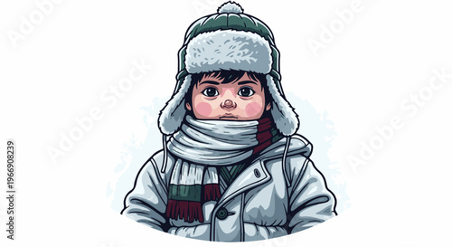 Cartoon child in winter hat, scarf, and coat