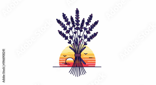 Bundle of lavender stalks against a sunset with flying birds