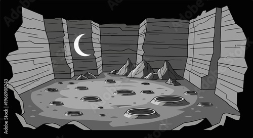 Cartoon cratered lunar surface with jagged rock formations under a crescent moon