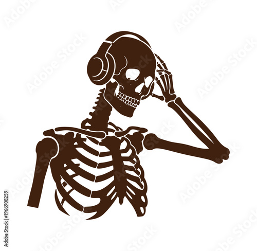 Brown skeleton wearing headphones and touching head in a funny pose isolated on white background