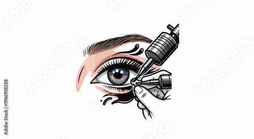 Artistic illustration of an eye receiving permanent makeup by a tattooing machine