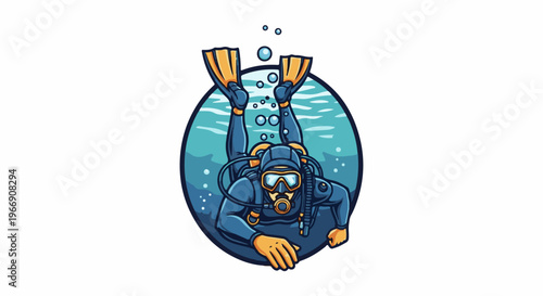 Cartoon diver with flippers descends into ocean depths