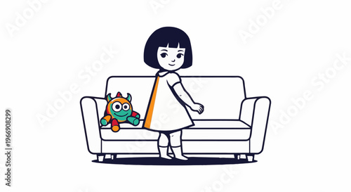 Cartoon child with a stuffed monster friend sitting on a sofa