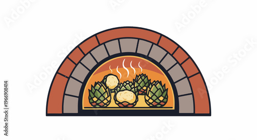 Artichokes and stuffed dough balls cooking inside a brick oven