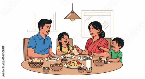 Cheerful family enjoys a meal together at a round table