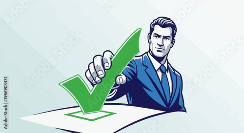 Businessman in suit marking a check box with a large green checkmark