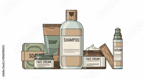Assorted bathroom and cosmetic products including soap, shampoo, face cream, and serum