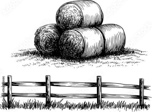 Vintage of Hay Bales Stacked Grass Field with Wooden Fence