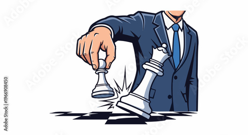 Businessman in suit plays chess, a pawn defeats a queen on the board