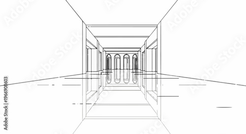 Architectural sketch of a long corridor with arched doorways and reflecting floor