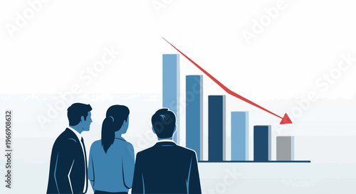 Business professionals observe a descending bar graph with a red arrow