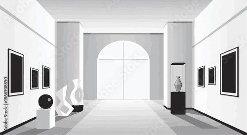 Art gallery interior with archway, framed art, and displayed sculptures