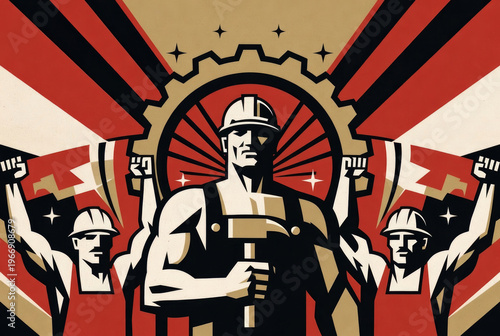 Vintage Soviet and German Propaganda Poster with Strong Worker