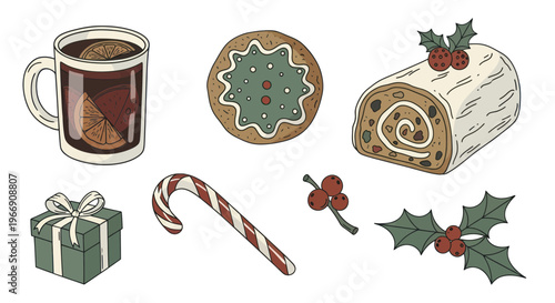 Christmas Treats Collection: Mulled Wine, Yule Log, Candy Cane, Gift, Holly, Cookie