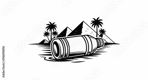 Bottle washed ashore near pyramids and palm trees on a sunny day