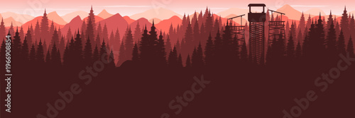 Flat vector morning pine forest silhouette with massive bottom copy space