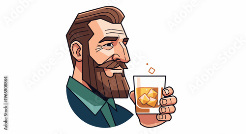 Bearded man holding a glass of whiskey with ice cubes, enjoying drink