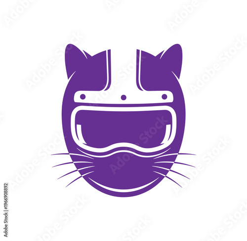Purple cat face wearing a motorcycle helmet with whiskers on white background
