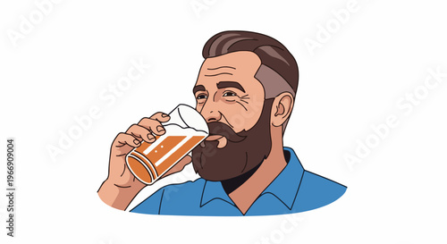 Bearded man in blue shirt drinking amber beverage from a clear glass