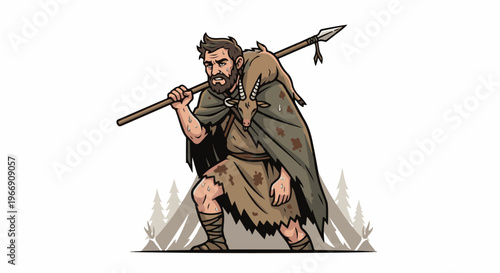 Bearded man in primitive attire carries a dead goat and spear