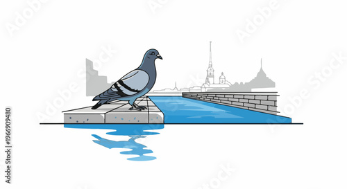 Bird by water canal with cityscape silhouette behind