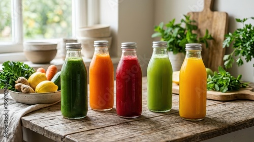 Fresh juices and fruits on a wooden kitchen table by the window