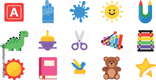 Children's Learning and Play Icons Set with Dinosaur, Toy, Book, and Educational Tools for Early Childhood Development and Fun Activities