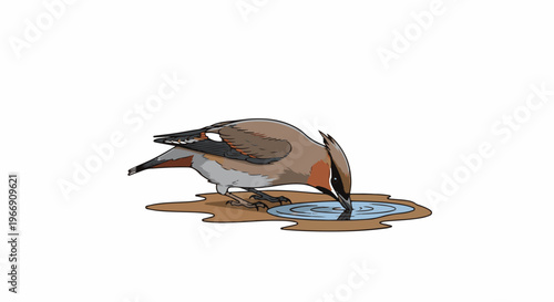 Bird drinking water from puddle on a sandy ground