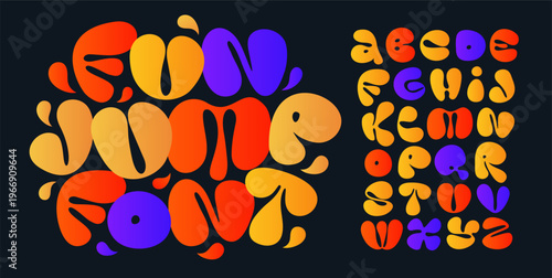 Round Splash Alphabet Fun Logo Font, Jump Liquid Letter, Fresh Juicy Fruit Typographic Design. Fluid Organic Text Title, Children Birthday Headline, Funny Carnival Festival Typography. Vector typeset