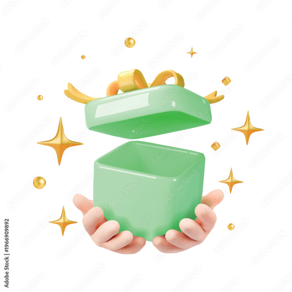 Obraz premium Hands holding green gift box with gold ribbon and bow, Surprise Birthday, anniversary, prize concept Arms wrapping, preparing gift ,Giveaway, secret offer,