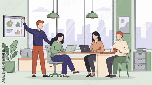 Professional team collaborating on a business project in a modern office