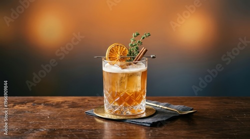 A refreshing cocktail with orange and herbs on a wooden bar indoors at night