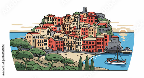 Charming Italian coastal village with colorful buildings, serene sea, and sunset