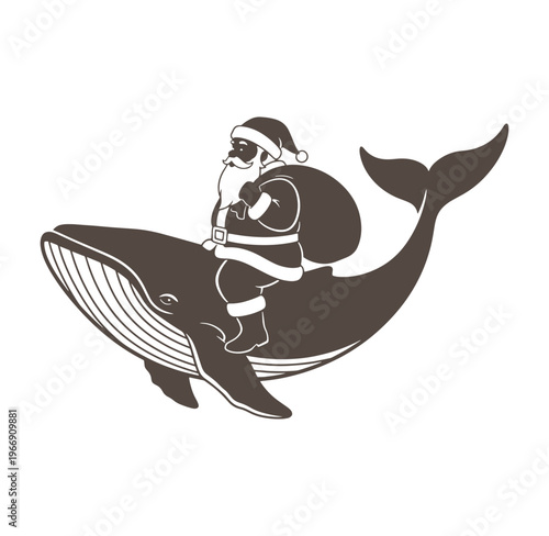 Santa Claus riding a whale in a festive holiday scene with a sack