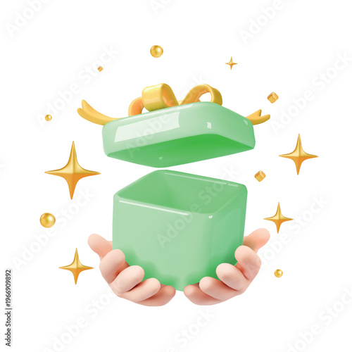 Hands holding green gift box with gold ribbon and bow, Surprise Birthday, anniversary, prize concept Arms wrapping, preparing gift  ,Giveaway, secret offer,