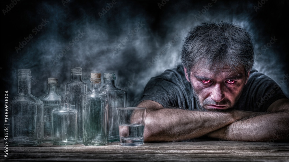 Obraz premium Man with disheveled hair and red eyes leans on a wooden table, surrounded by empty glass bottles and a glass of water, in a dimly lit environment conveying themes of alcohol addiction and despair