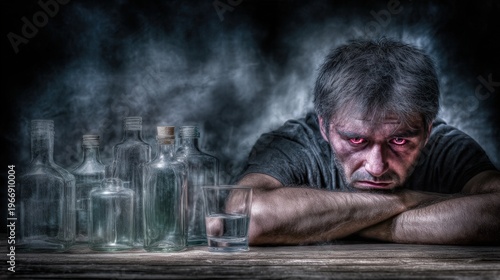 Man with disheveled hair and red eyes leans on a wooden table, surrounded by empty glass bottles and a glass of water, in a dimly lit environment conveying themes of alcohol addiction and despair