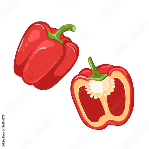 Red bell pepper whole and cut in half. Vector illustration of fresh ripe vegetables isolated on white background. Paprika ingredient for cooking and healthy food 